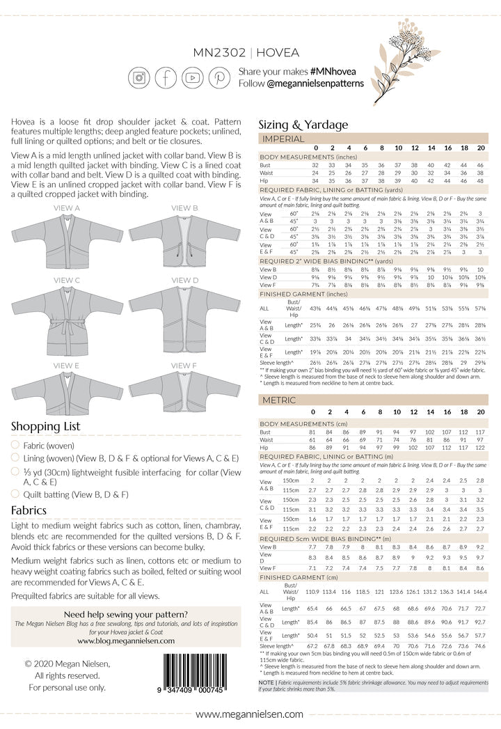 Megan Nielsen - Hovea Jacket and Coat - Size 0-20 or 14-34 (Curve)