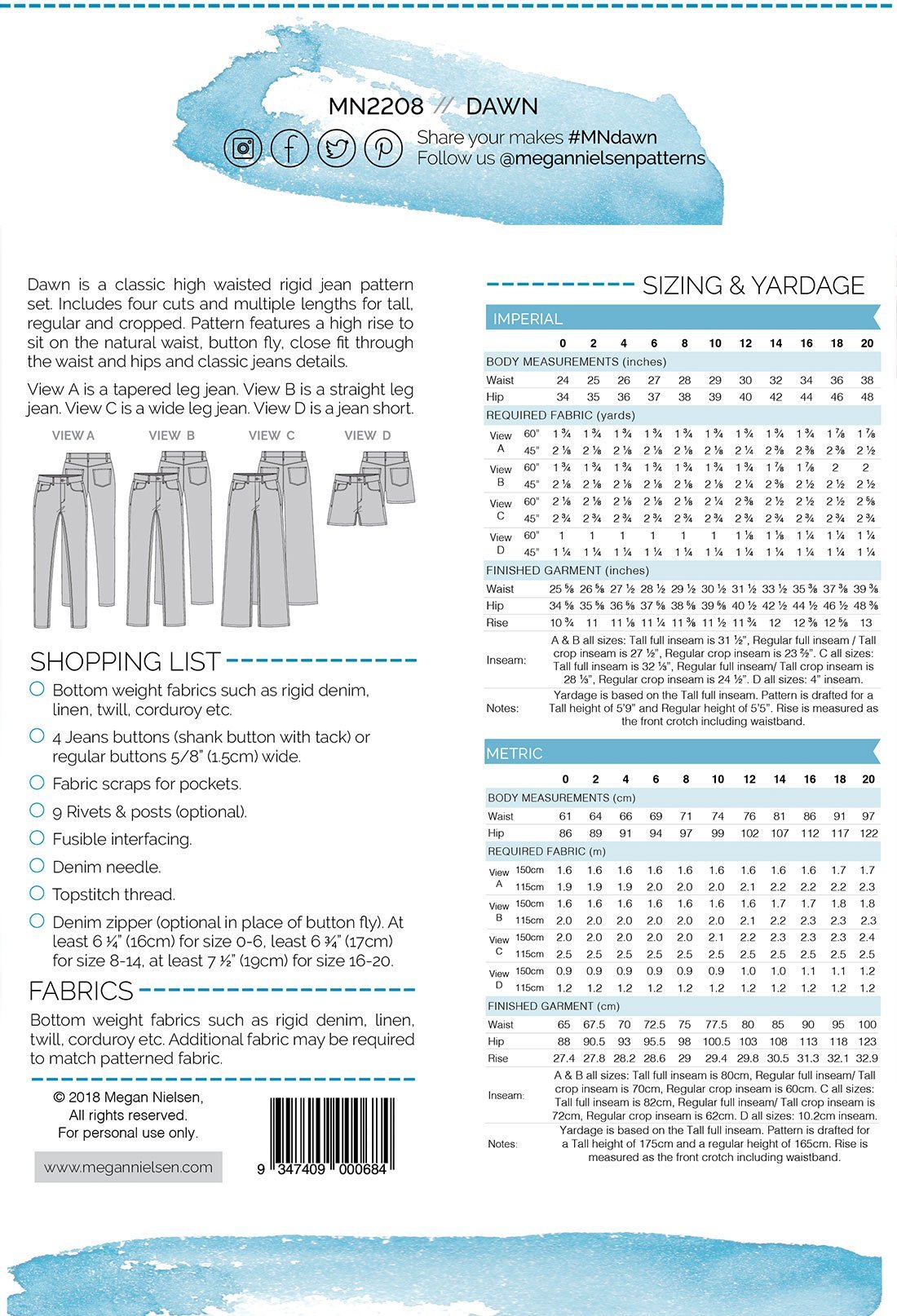 Megan Nielsen - Dawn Jeans (4 in 1!) - Size 0-20