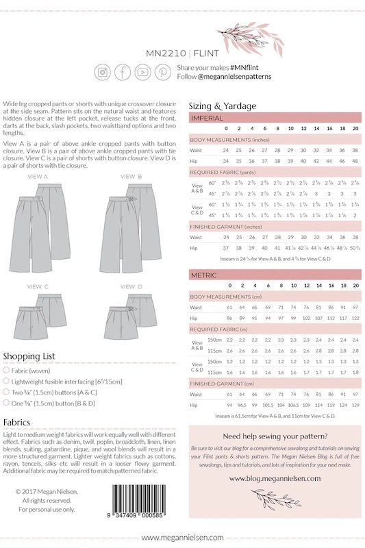 Megan Nielsen - Flint Pants and Shorts - Size 0 – 20